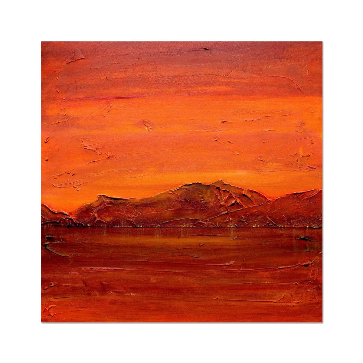 Red orange abstract Loch Fyne Dusk landscape print with mountains