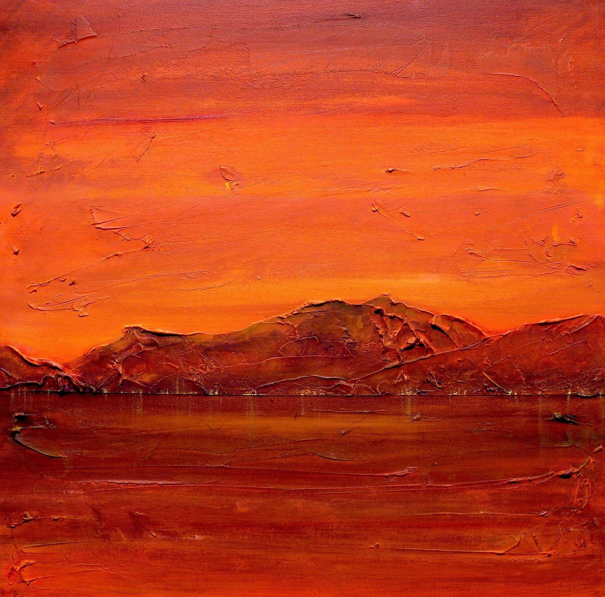 Vibrant orange and red impasto landscape painting of mountains over water at sunset