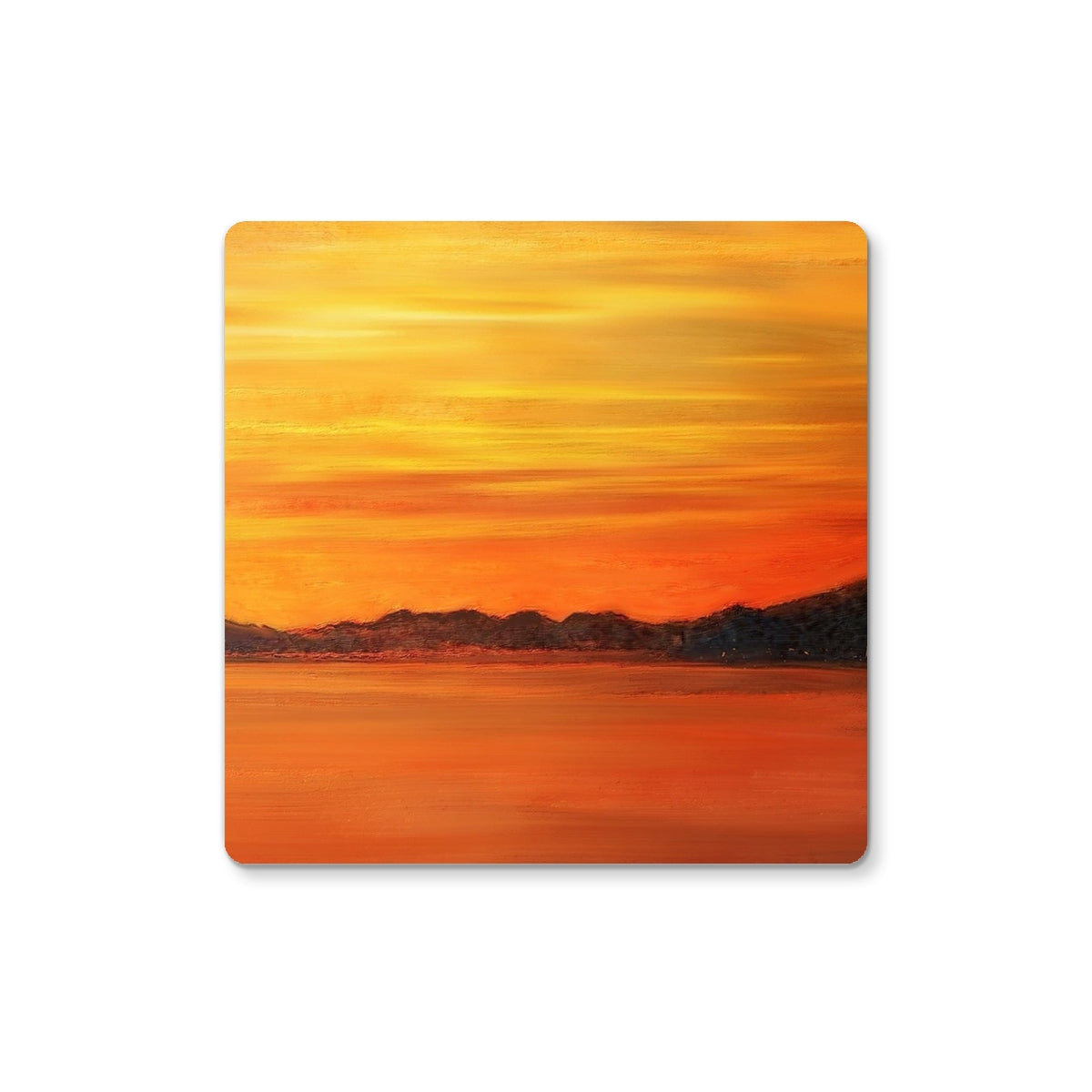 Orange sunset coaster with mountain silhouette design from Loch Fyne Sunset Coaster collection