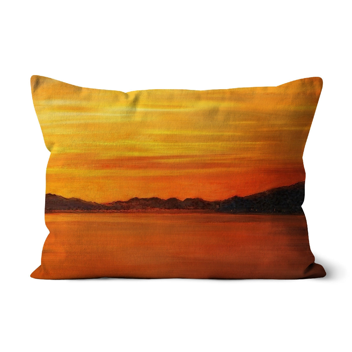 Orange sunset-themed Loch Fyne Sunset Cushion with gradient design and textured fabric