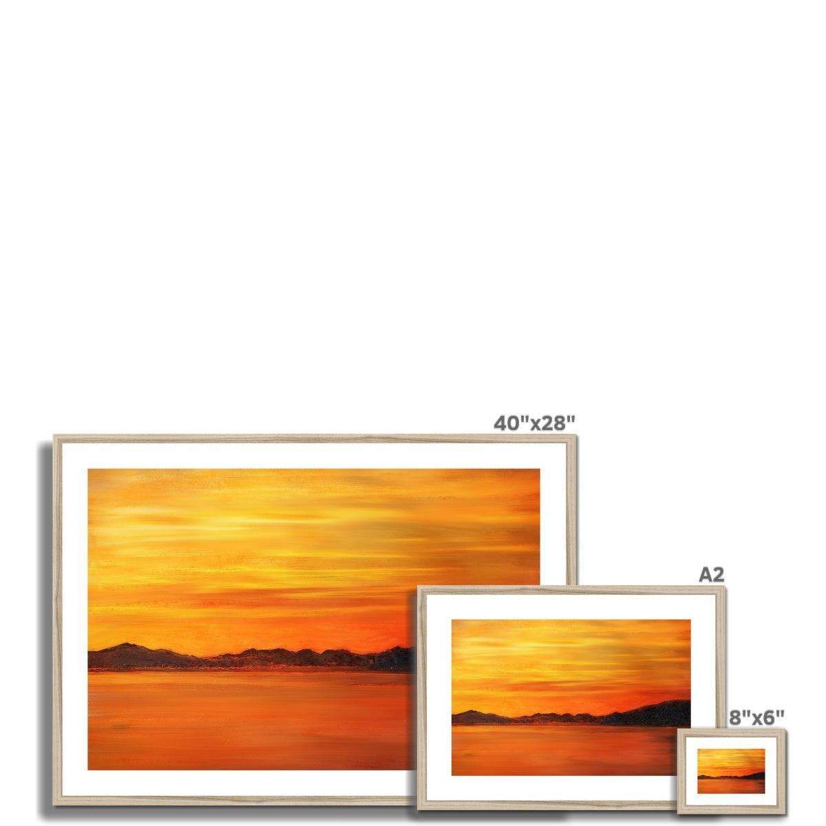 Sunset landscape painting with warm orange and yellow hues, mountain silhouette, framed and mounted