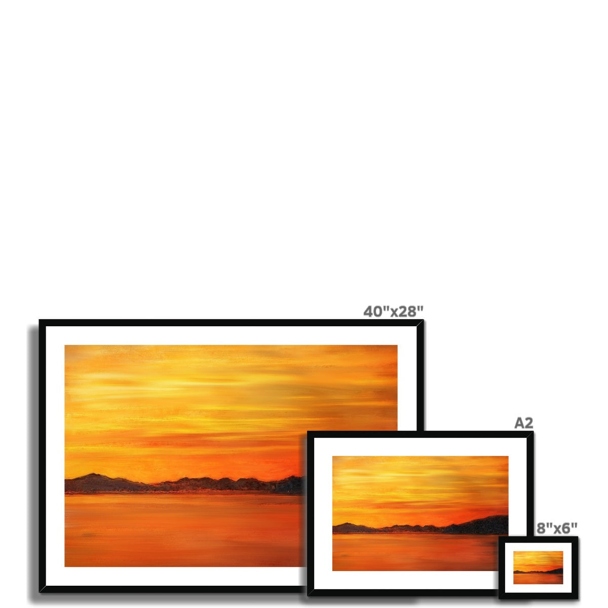 Loch Fyne Sunset framed landscape art print with black frame and white mat, 40x28 inches