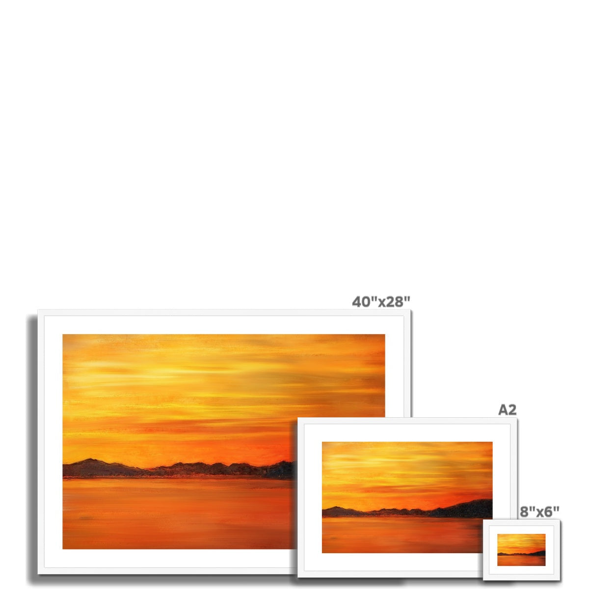 Framed Loch Fyne Sunset landscape print with warm orange and yellow hues, white matte finish