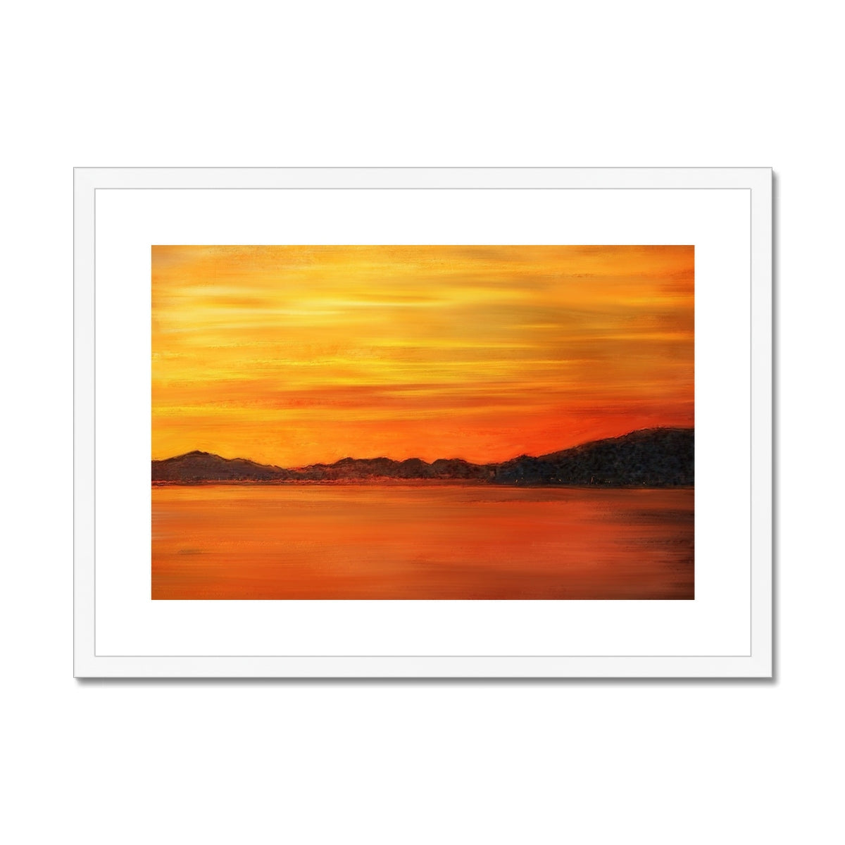 Orange sunset landscape painting with white frame from Loch Fyne Sunset print display