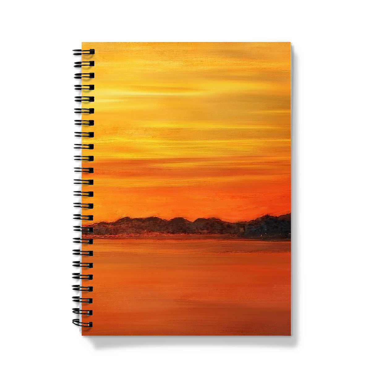 Spiral-bound Loch Fyne Sunset Notebook with orange and yellow sunset design and textured cover