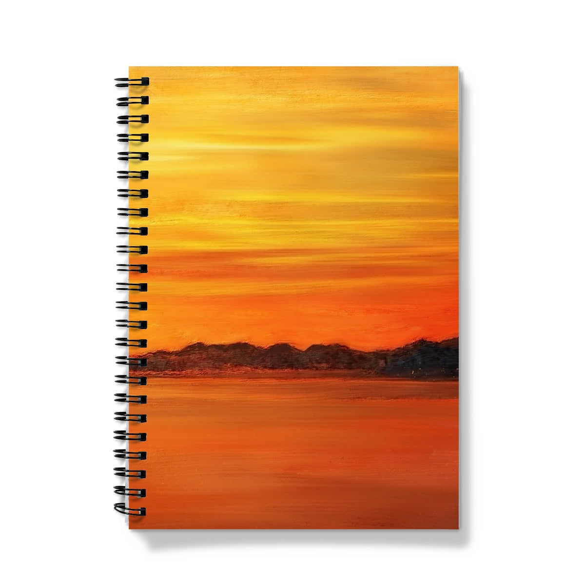Loch Fyne Sunset Notebook with spiral binding and vibrant sunset orange and yellow design