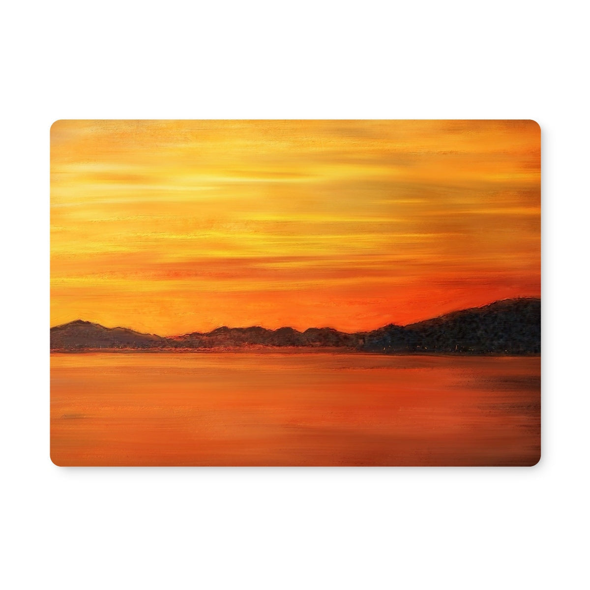 Orange sunset beach mat with mountain silhouette design on the Loch Fyne Sunset Placemat