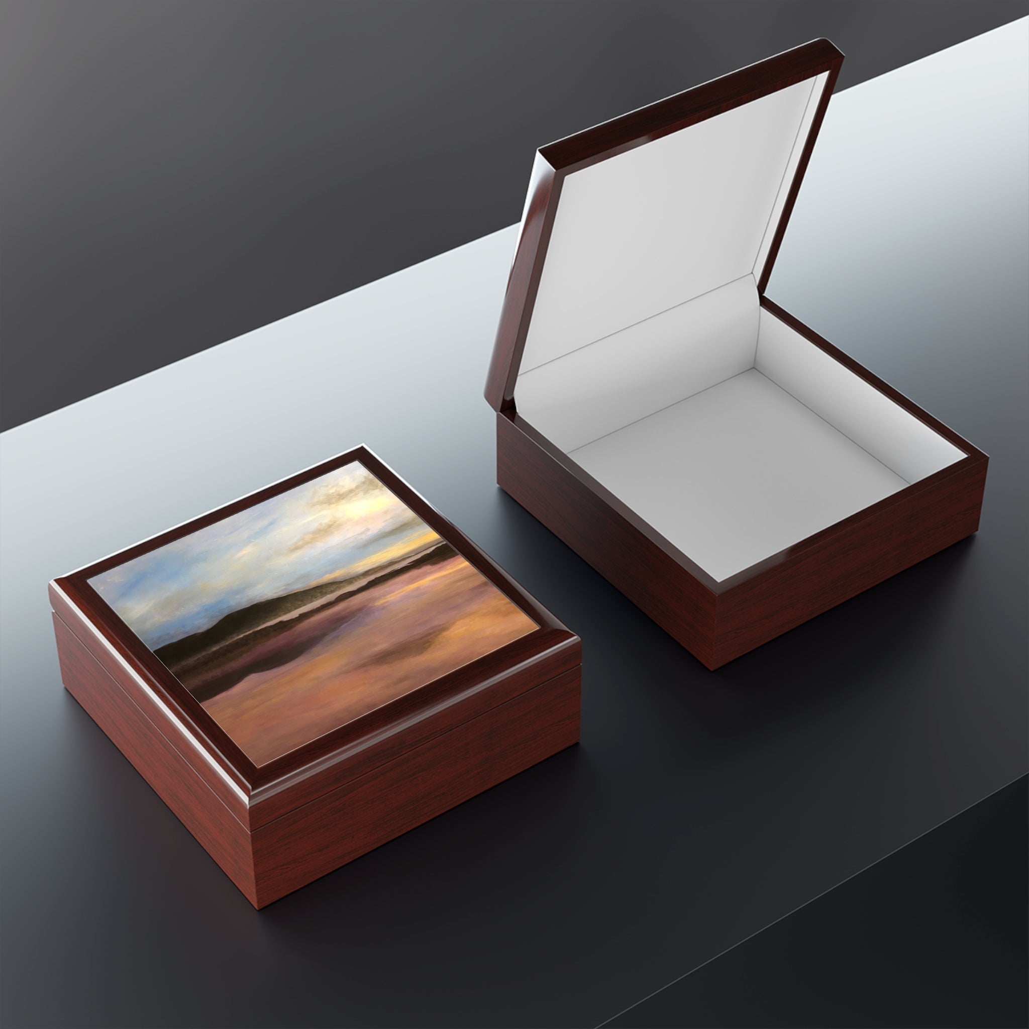 Open brown leather Loch Garten Dawn art jewellery box with landscape interior