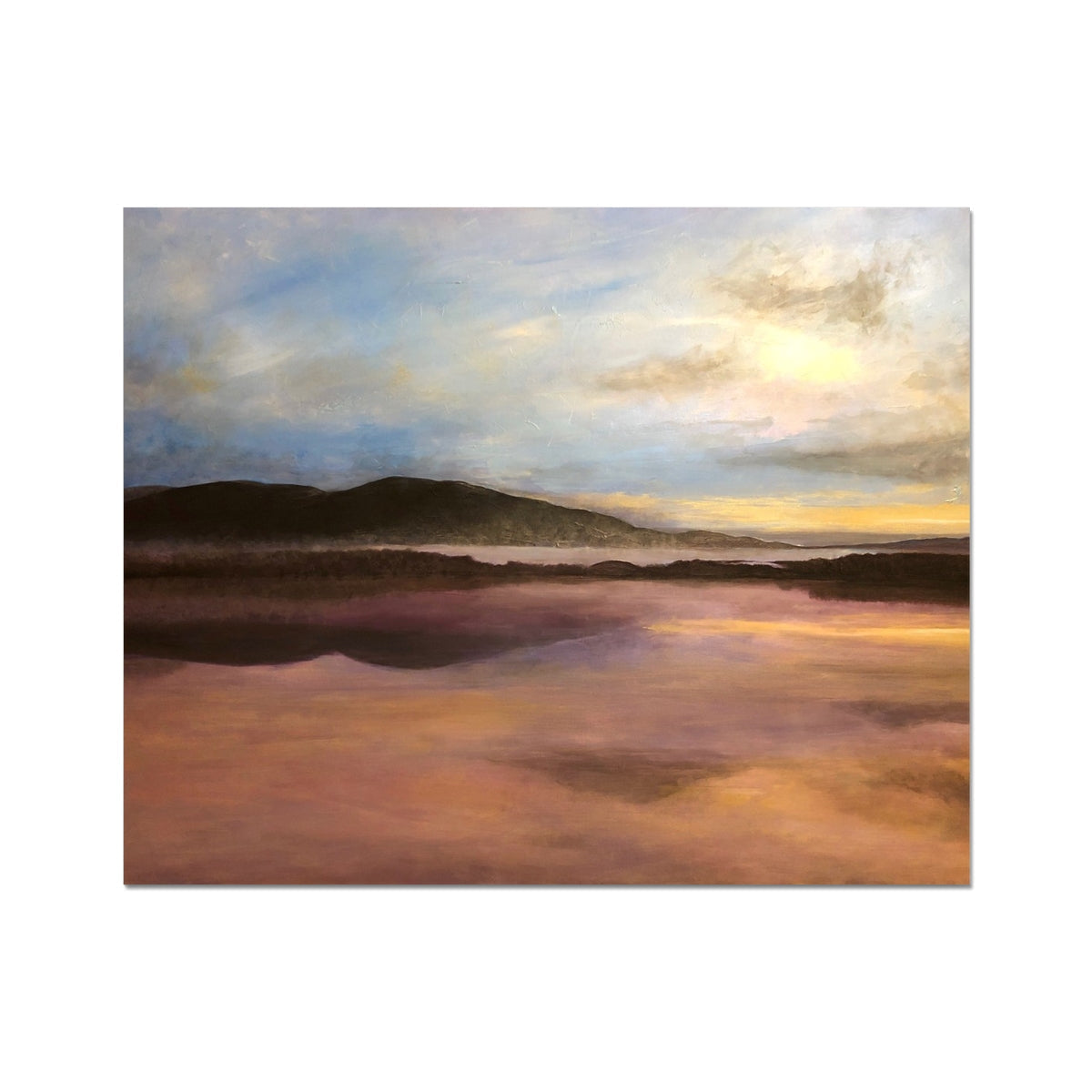 Beach scene painting with golden hues and blue sky on textured canvas for Loch Garten Dawn Artist Proof Collector Print