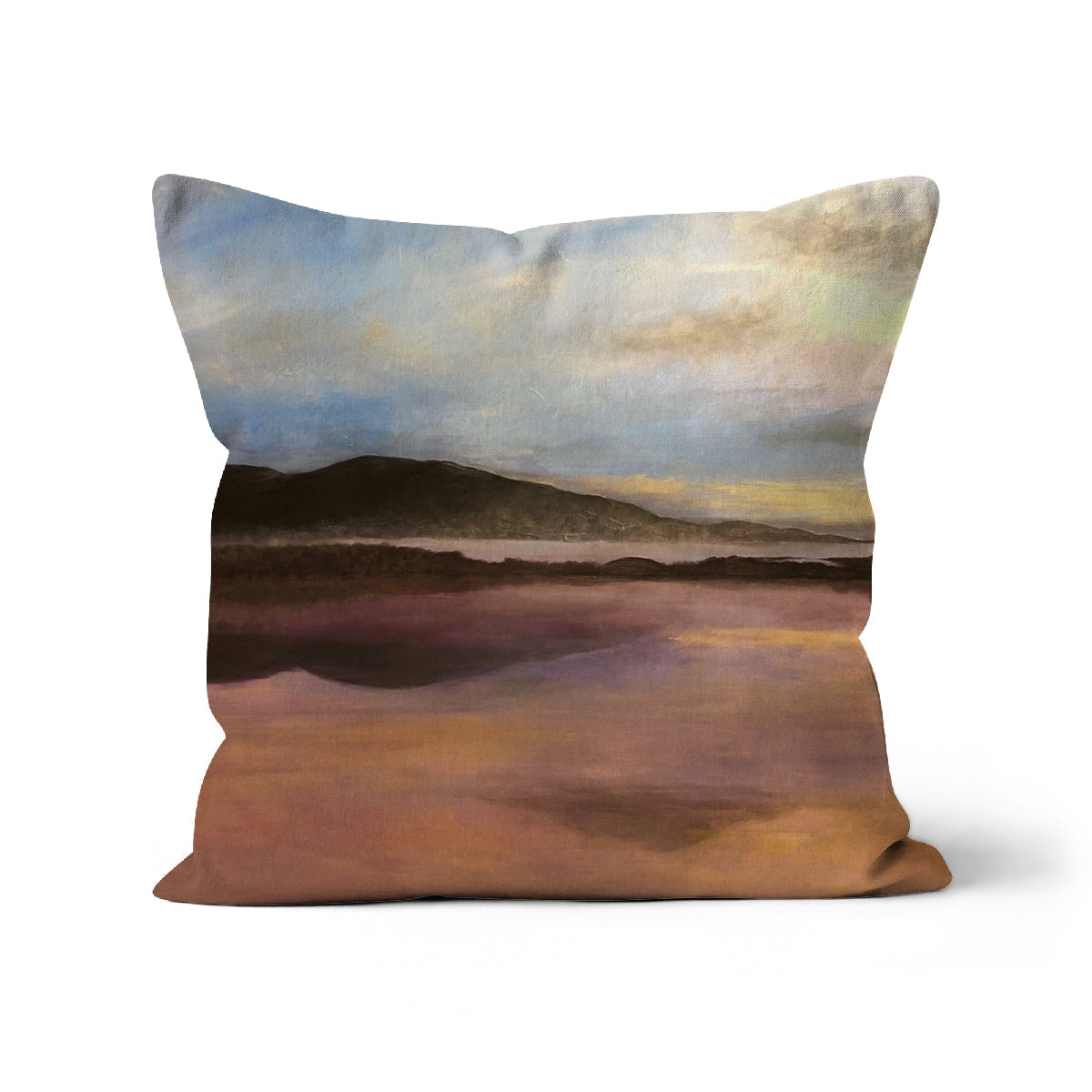 Brown and beige abstract landscape throw pillow with textured fabric for Loch Garten Dawn Cushion