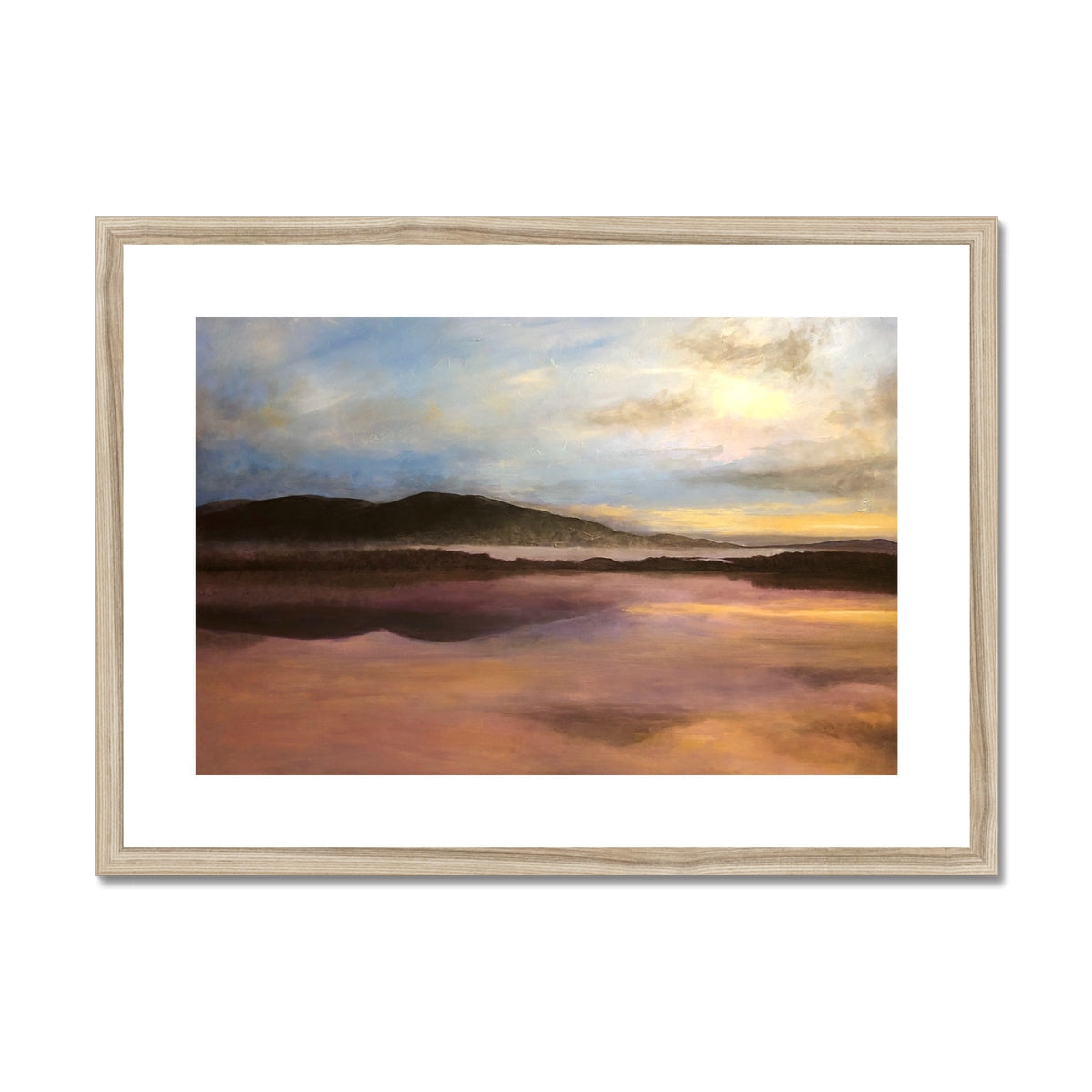Loch Garten Dawn framed and mounted print featuring a wooden-framed landscape with pastel hues