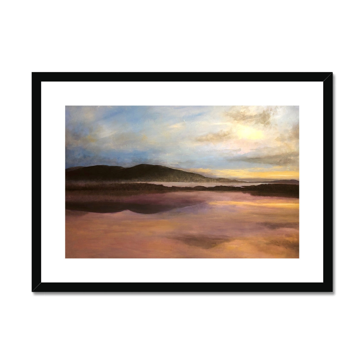 Black framed canvas print of Loch Garten Dawn landscape with rolling hills and calm water