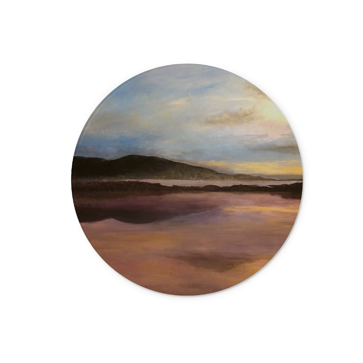 Loch Garten Dawn Glass Chopping Board with circular beach scene coaster in muted earth tones