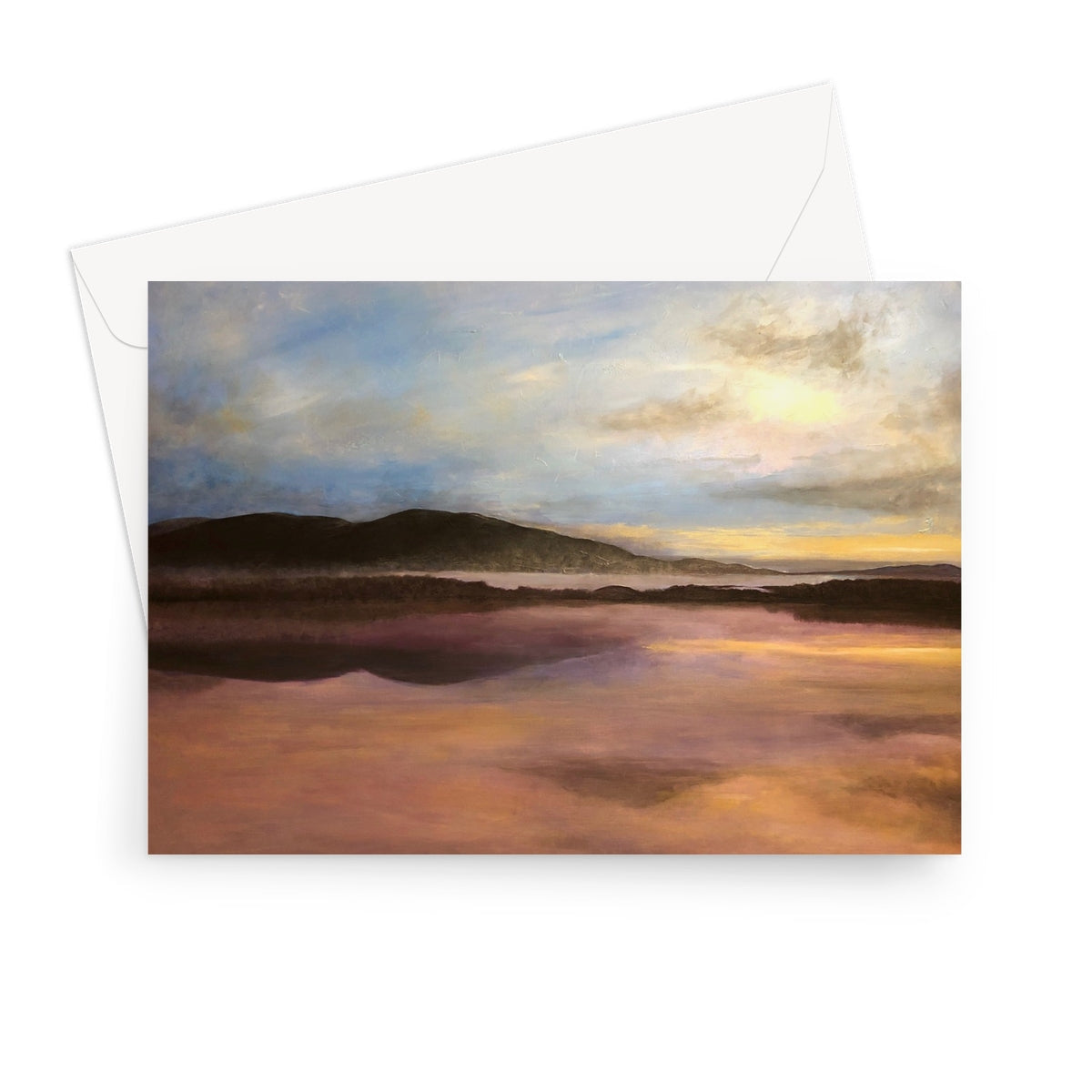 White Loch Garten Dawn greeting card with sunset landscape and matching envelope