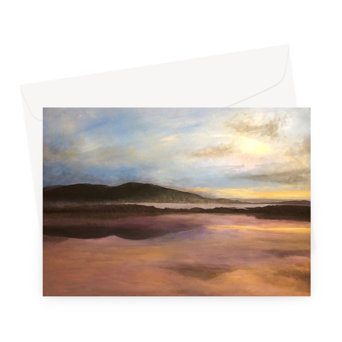 Beach scene greeting card with sunset hues, sand texture, and a white envelope for Loch Garten Dawn