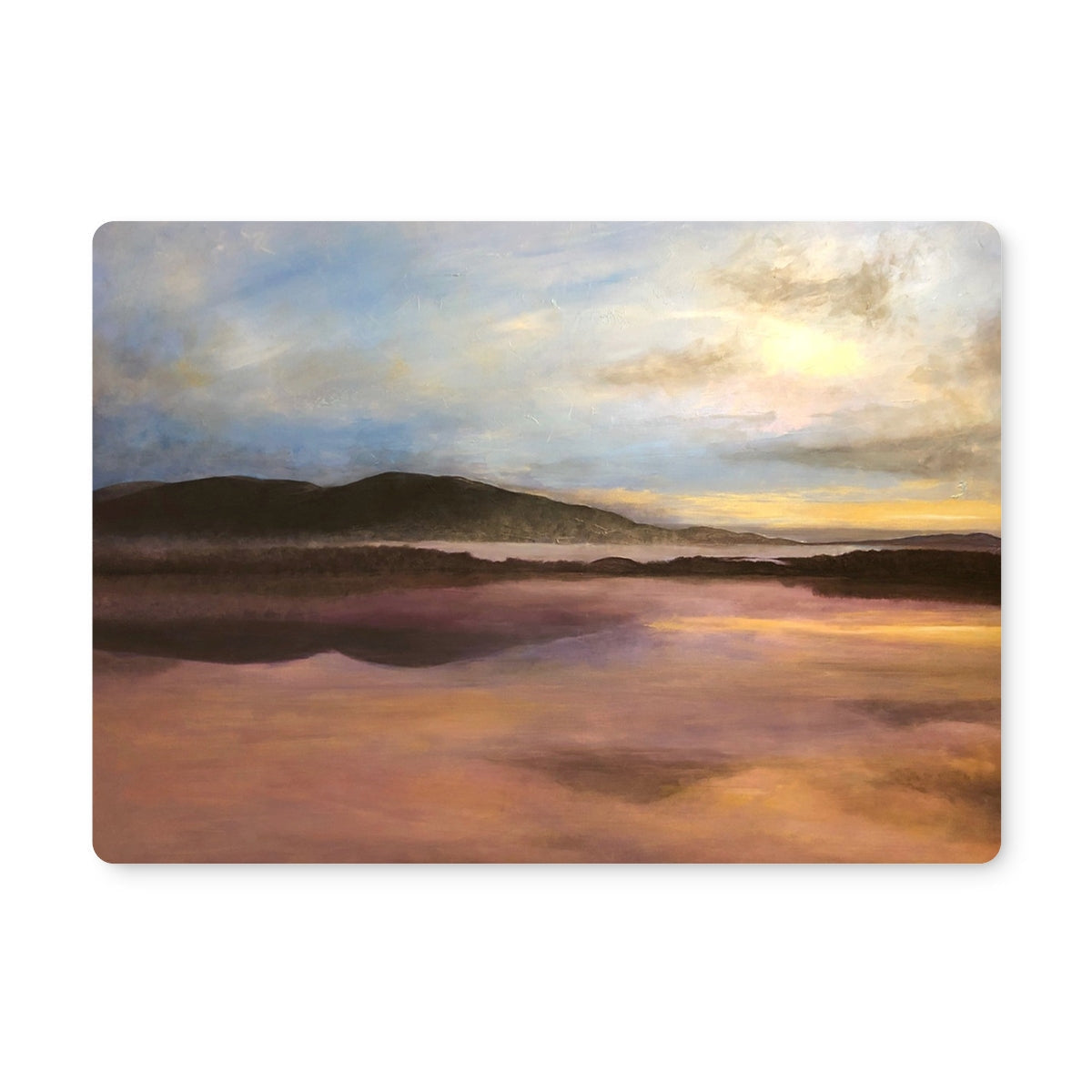 Beach scene coaster displayed on Loch Garten Dawn Placemat for elegant table setting