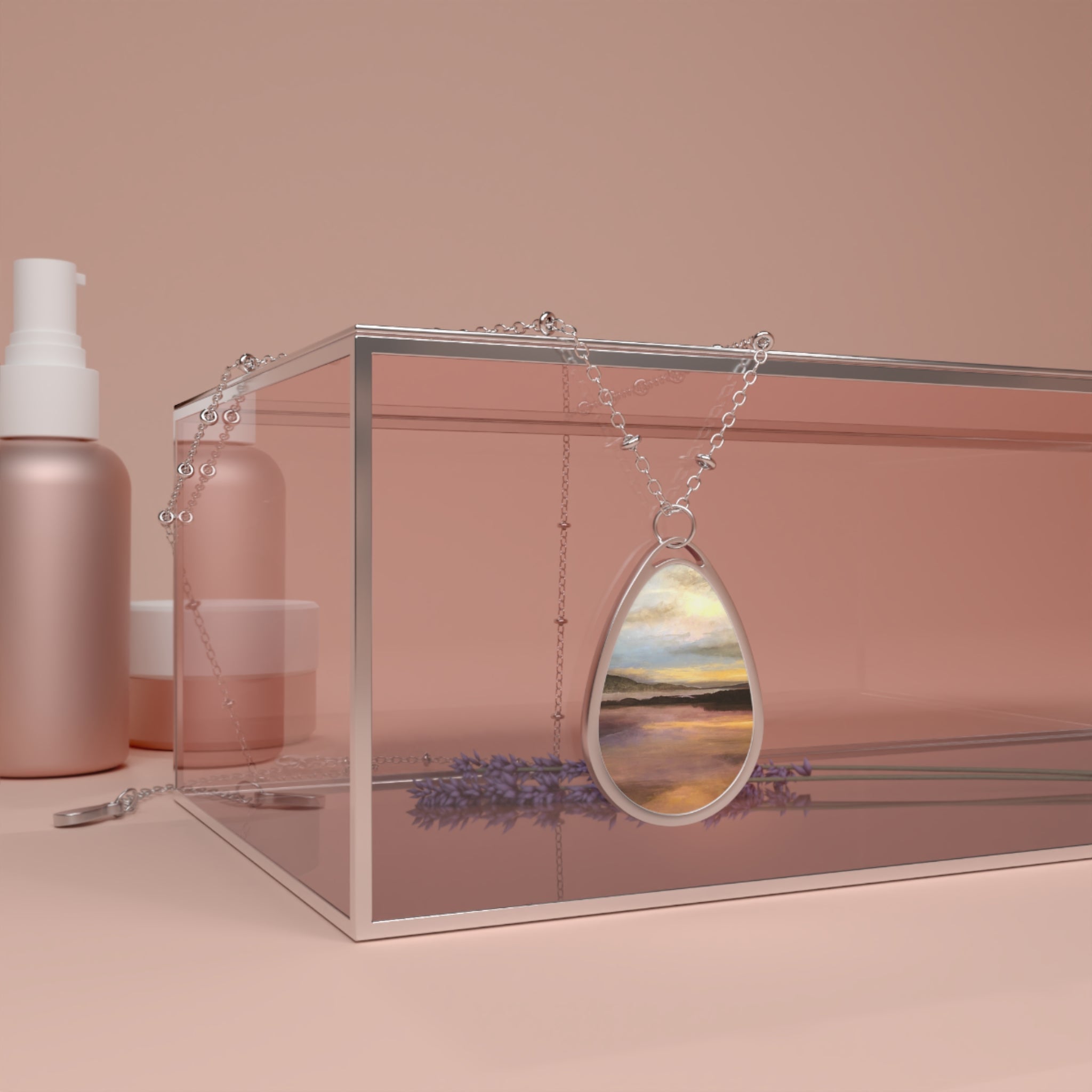 Silver teardrop pendant necklace with Loch Garten dawn landscape in sunset hues