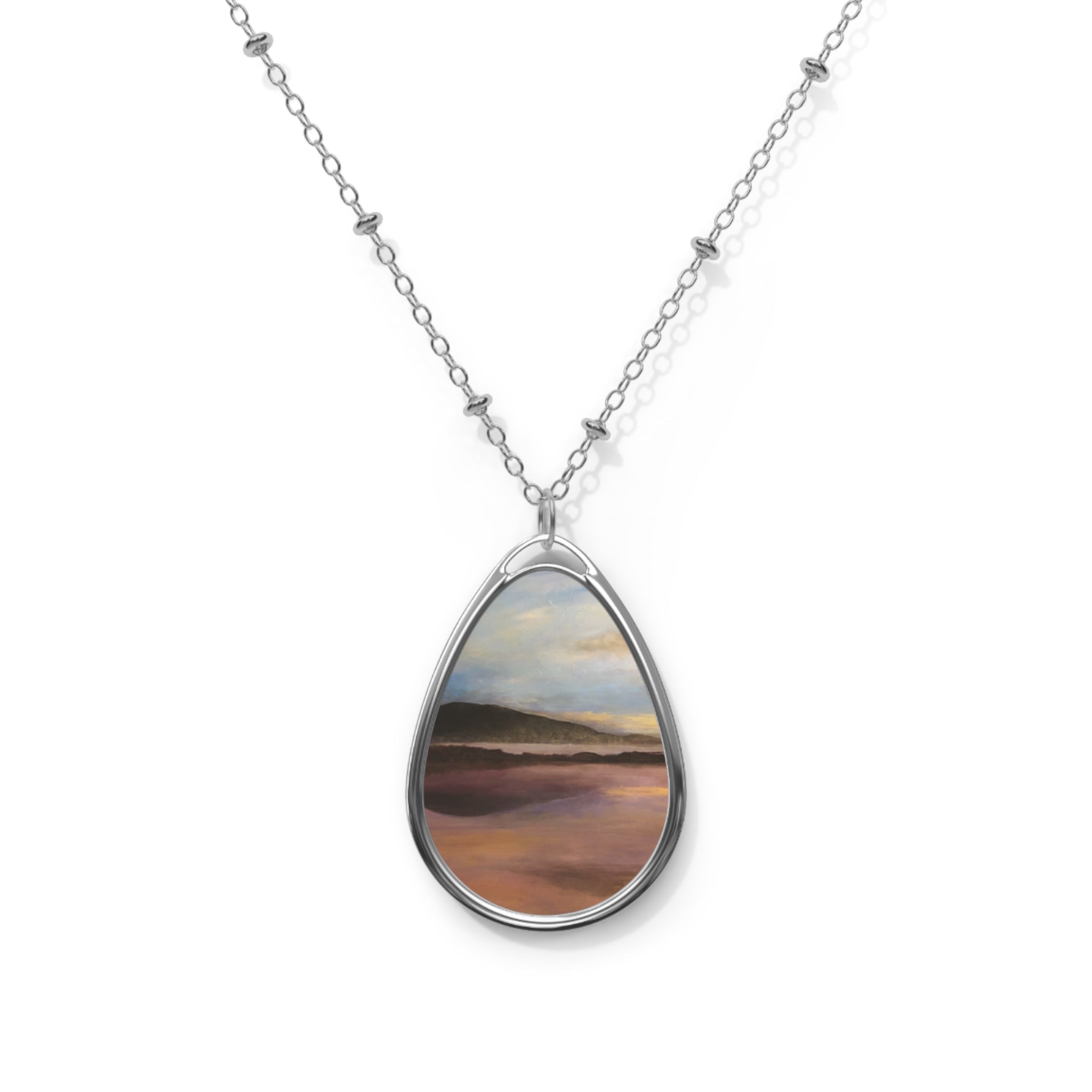 Silver teardrop necklace with Loch Garten Dawn landscape pendant