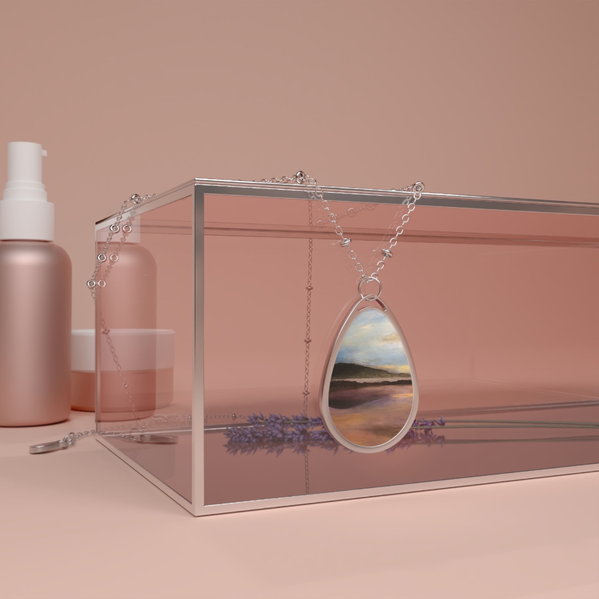 Silver teardrop Loch Garten Dawn necklace with beach scene pendant