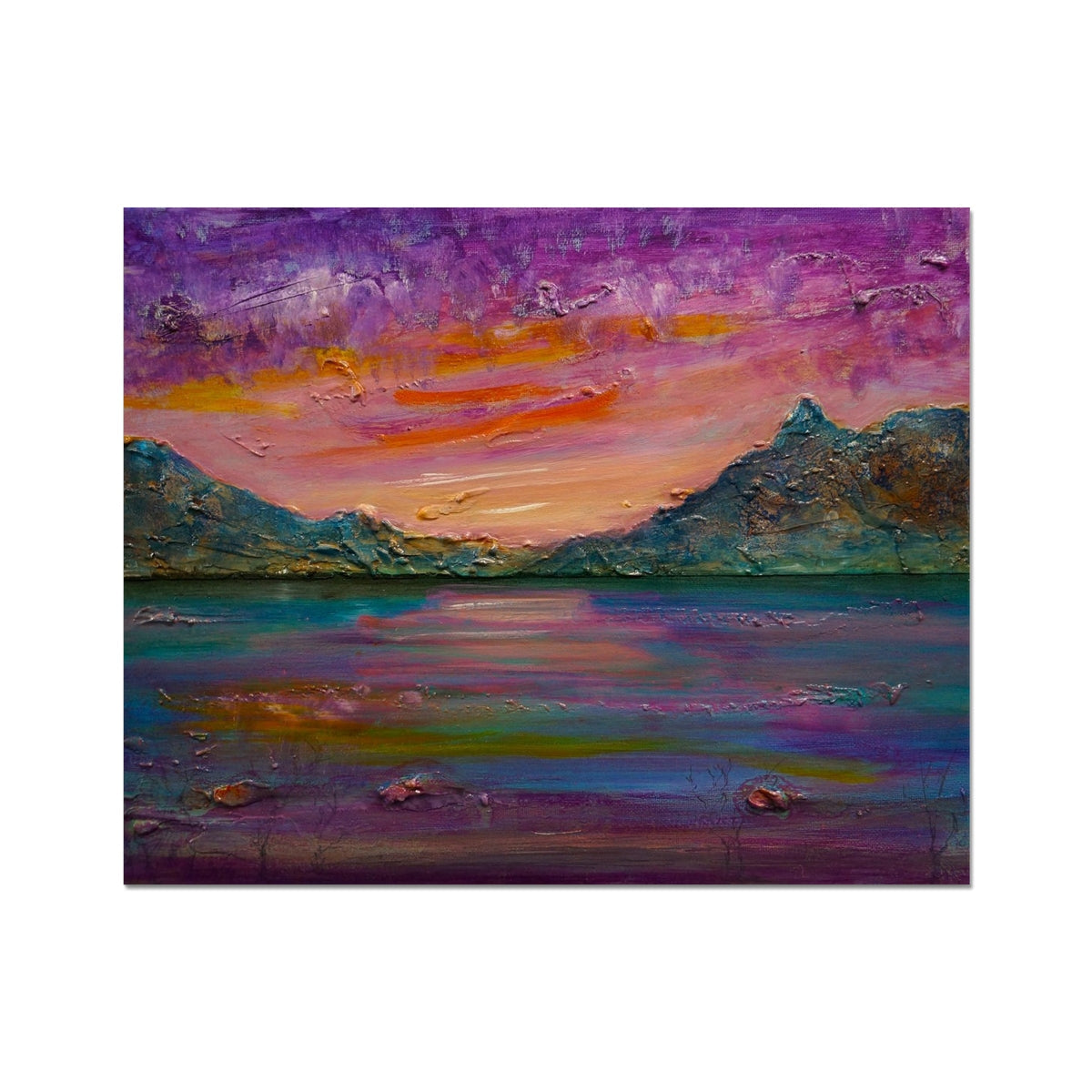 Purple and pink abstract Loch Leven Sunset landscape with textured mountains
