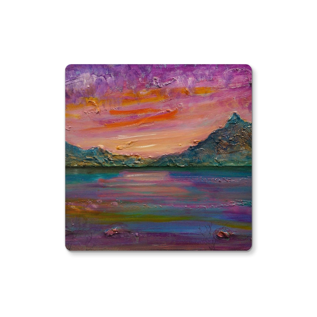 Purple and pink abstract Loch Leven Sunset landscape coaster with textured surface