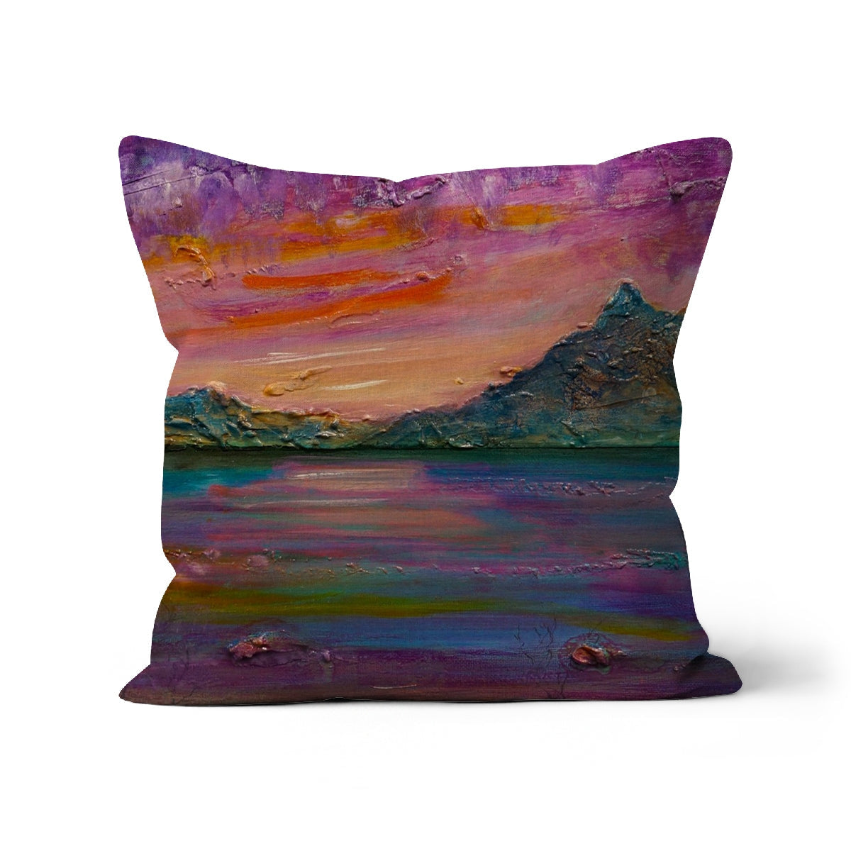 Loch Leven Sunset Cushion: Purple Orange Abstract Landscape Pillow