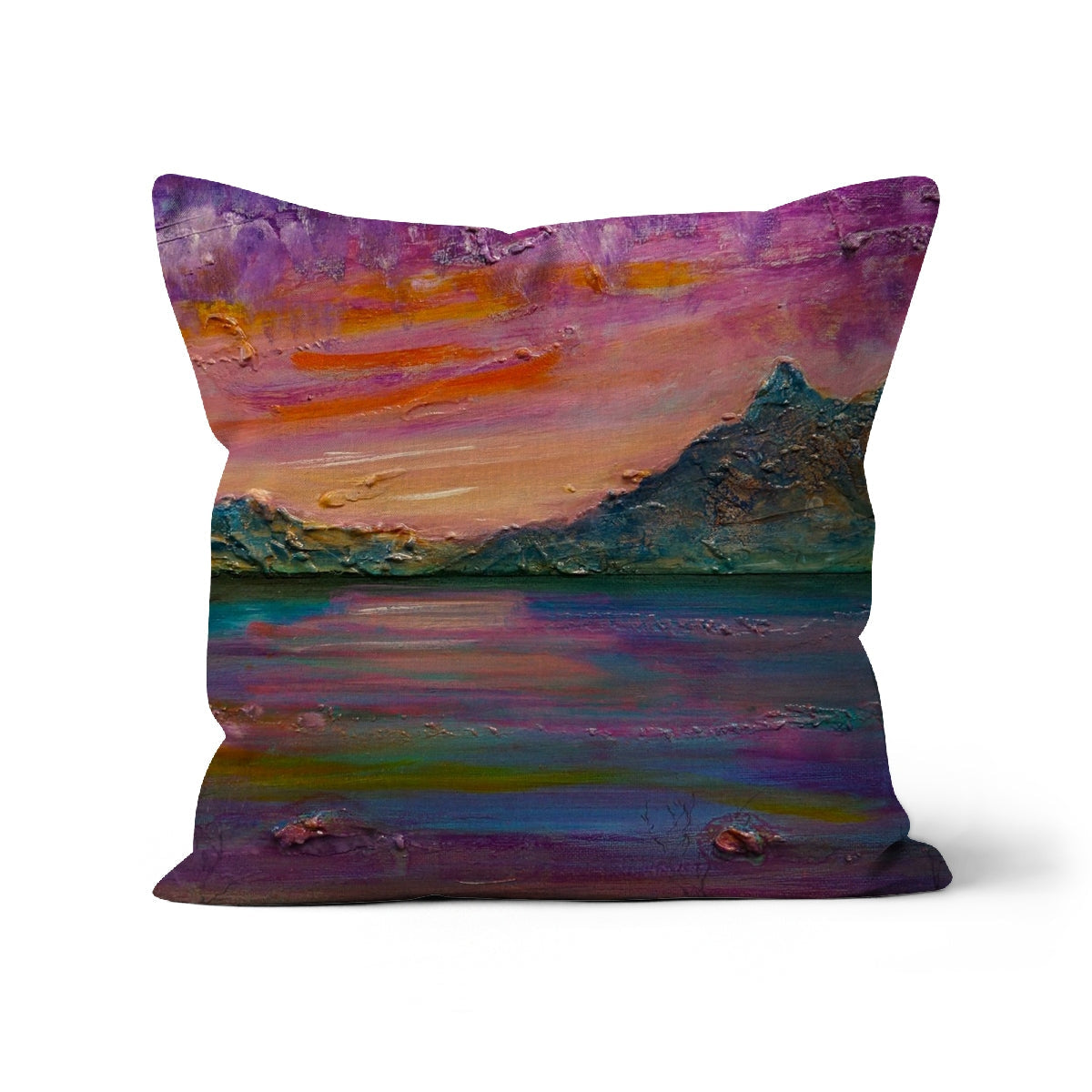 Loch Leven Sunset Cushion: purple green abstract textured landscape pillow