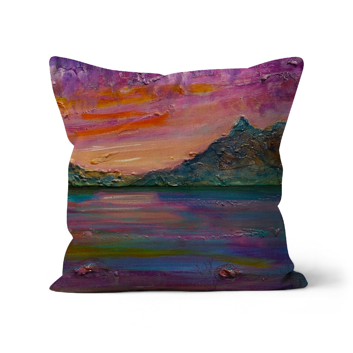 Loch Leven Sunset purple pink abstract landscape textured cotton pillow
