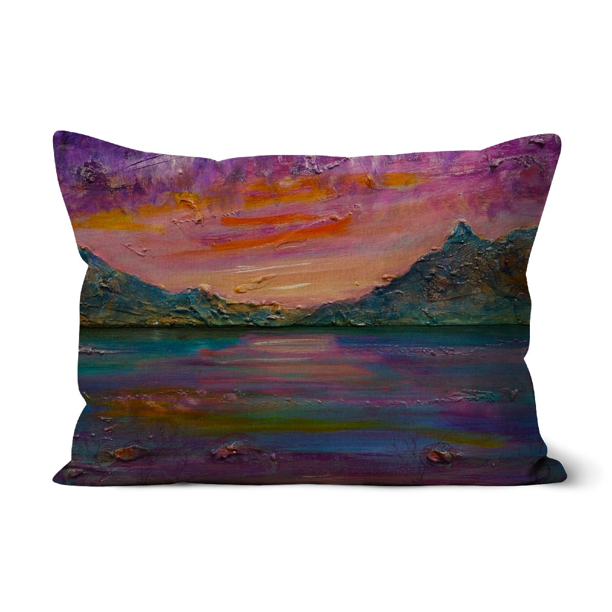 Purple and orange abstract Loch Leven Sunset cushion with textured cotton design