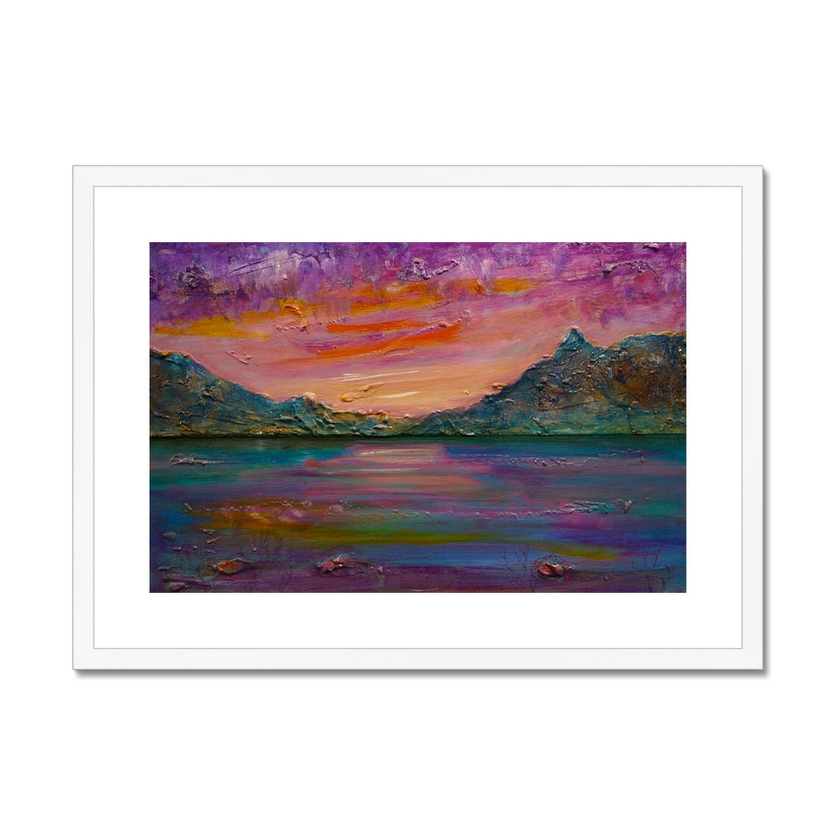 Purple and orange abstract Loch Leven sunset landscape print in white frame