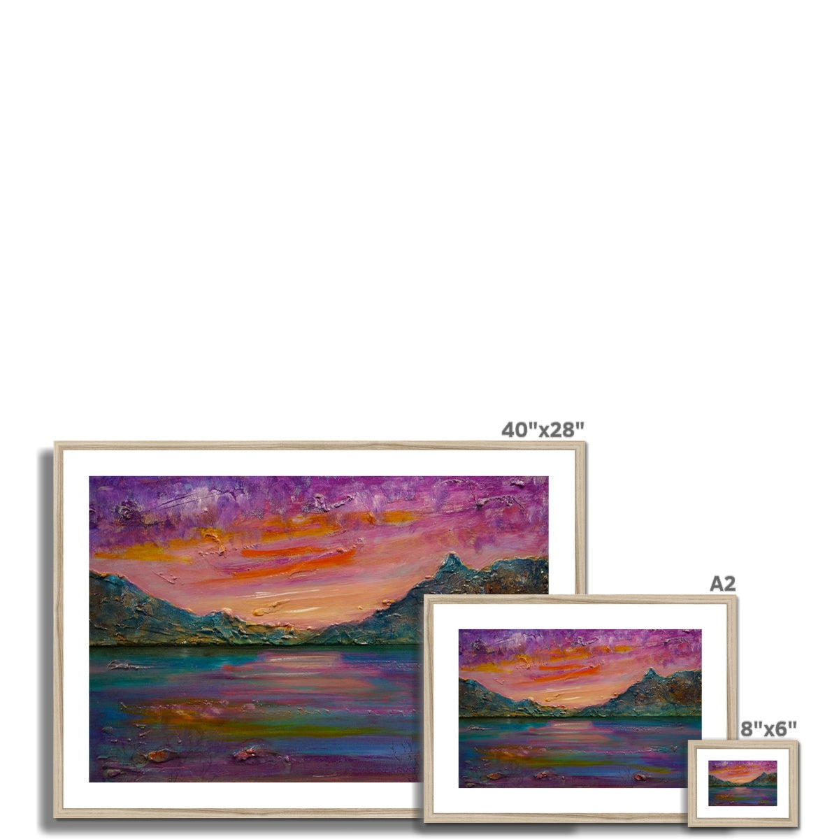 Framed 40x28 Loch Leven Sunset painting with purple orange hues and mountains