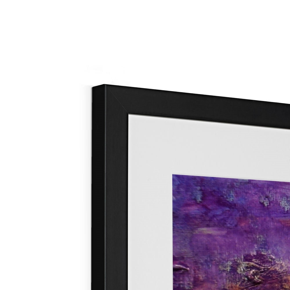 Black framed Loch Leven Sunset art print with purple abstract design