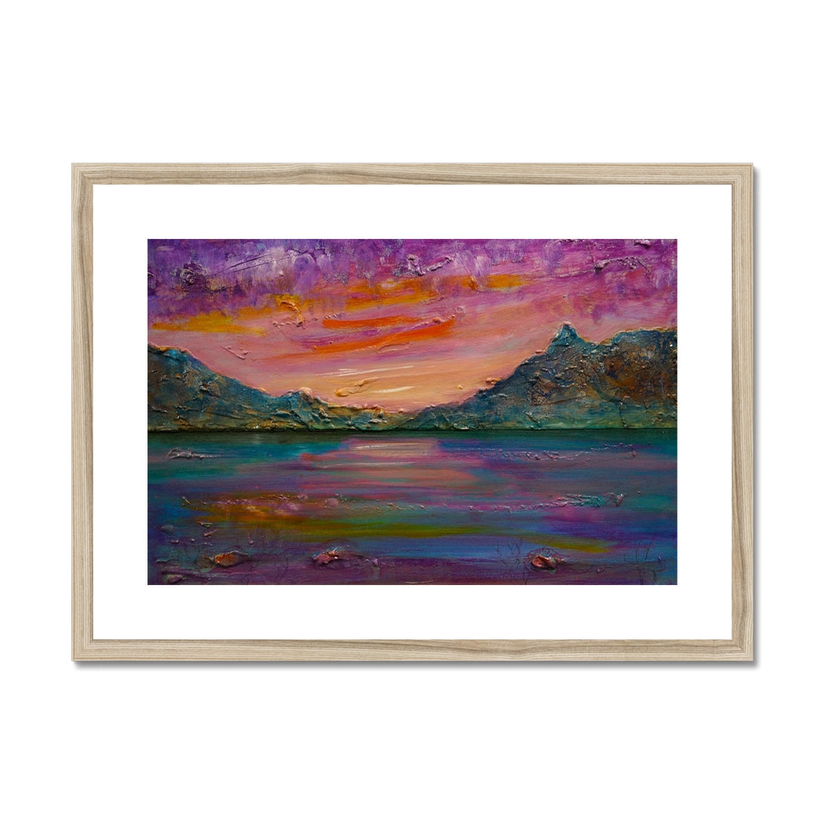 Purple and pink abstract Loch Leven Sunset landscape print in wood frame