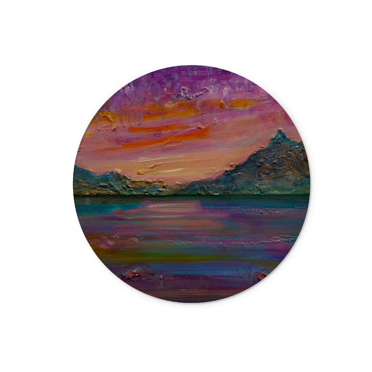 Loch Leven Sunset round sticker with purple orange abstract landscape on textured oil paint surface