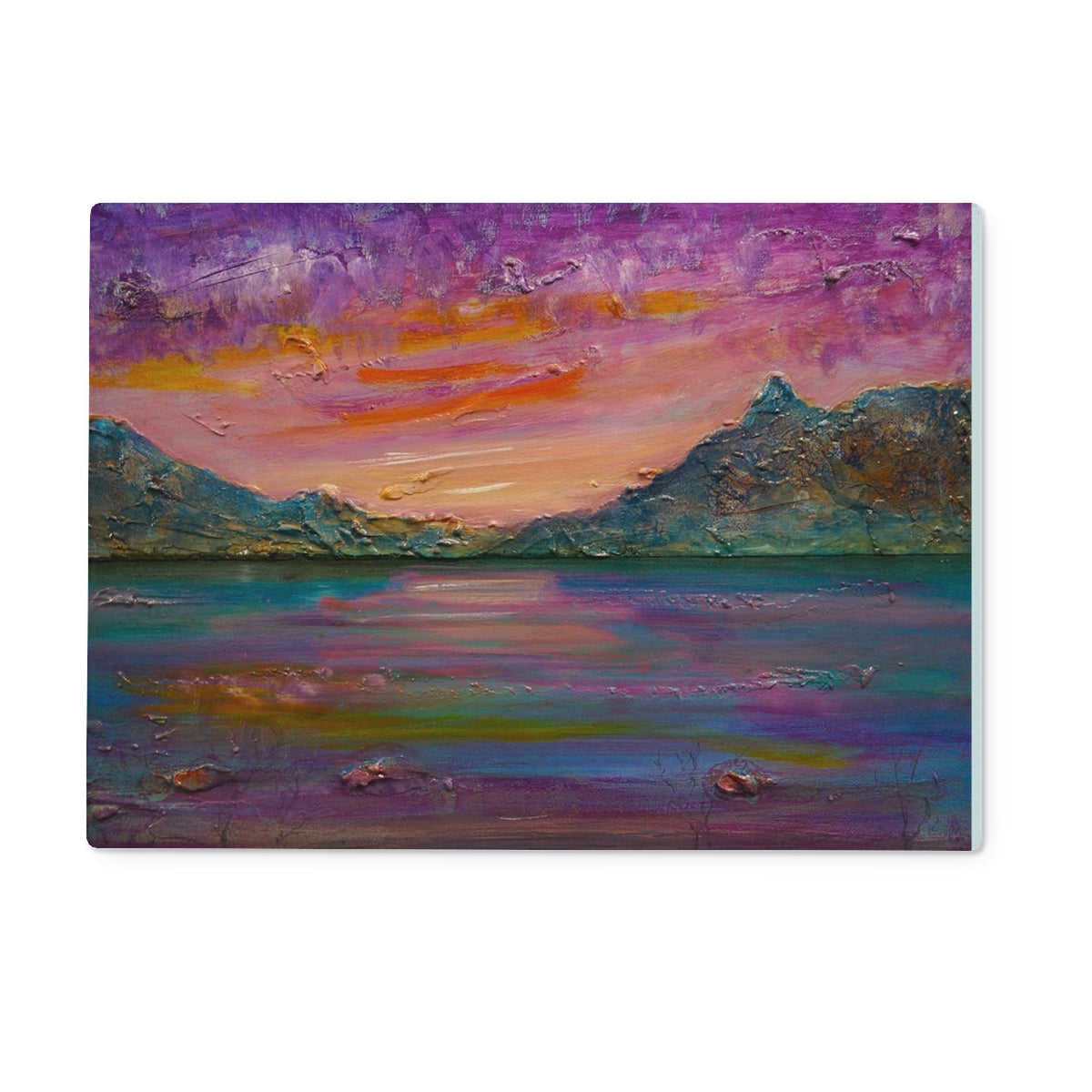 Loch Leven Sunset purple abstract landscape glass chopping board