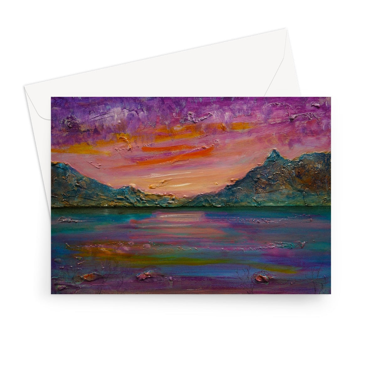 Loch Leven Sunset Greeting Card with purple orange landscape and envelope