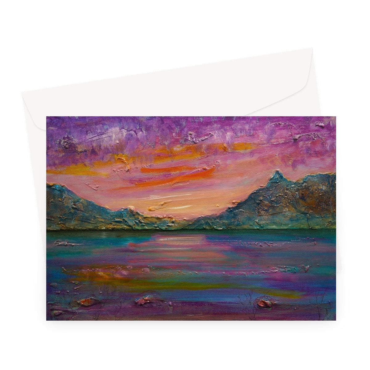 Loch Leven Sunset greeting card with purple orange abstract textured landscape
