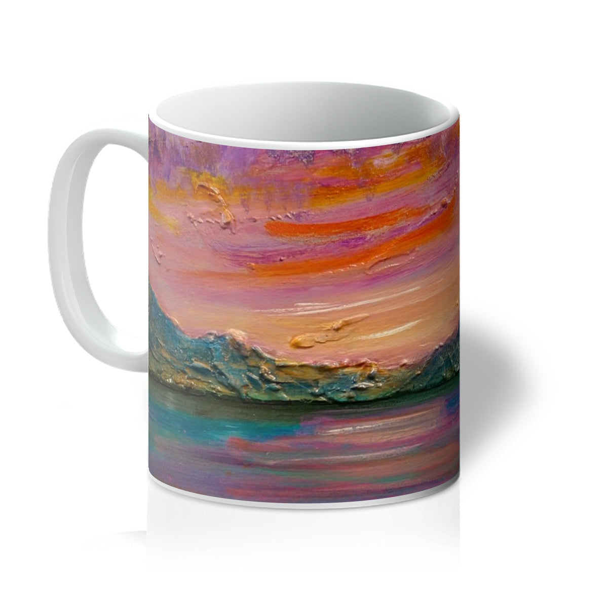 Loch Leven Sunset Mug with vibrant orange purple abstract design