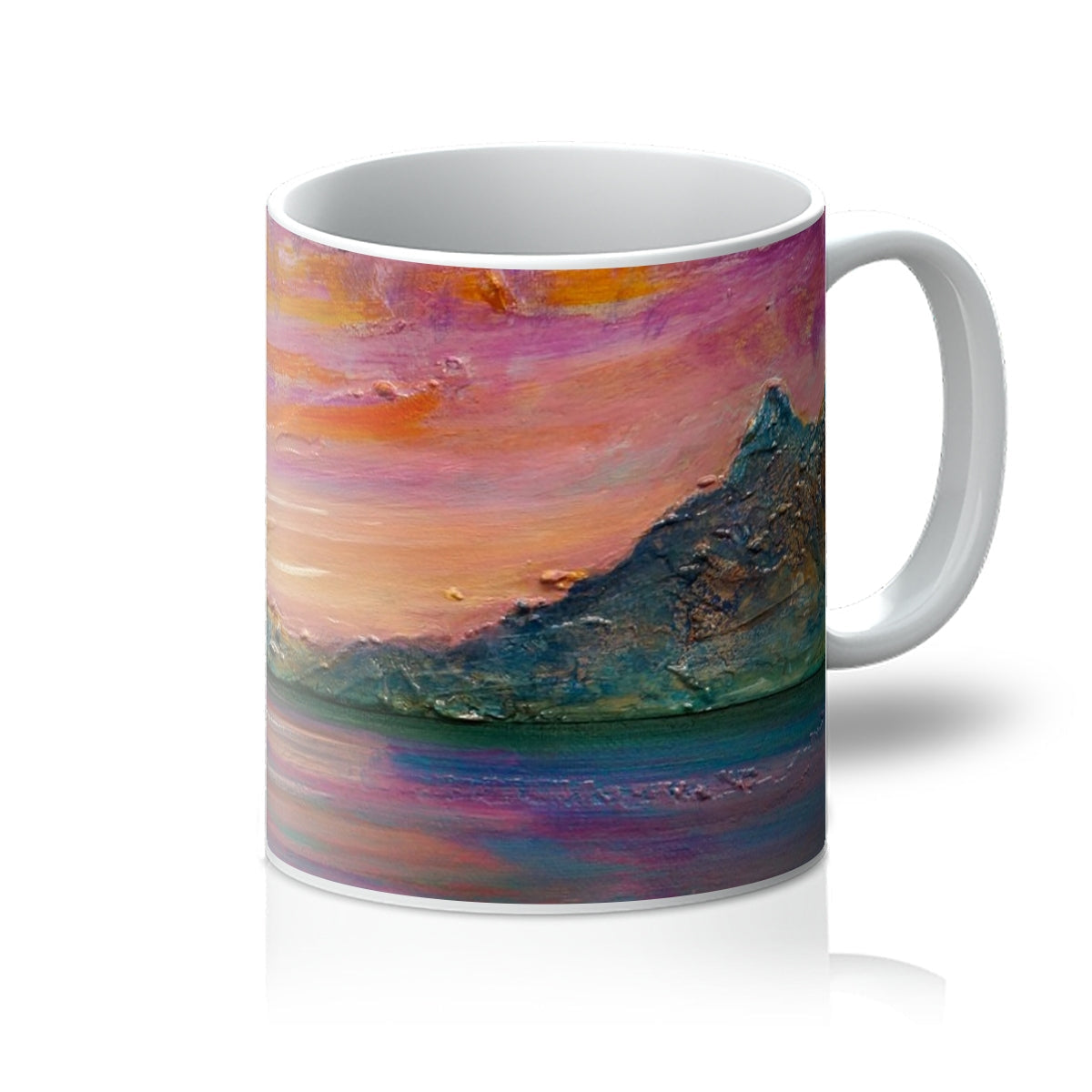 Loch Leven Sunset Mug with vibrant orange purple mountain design