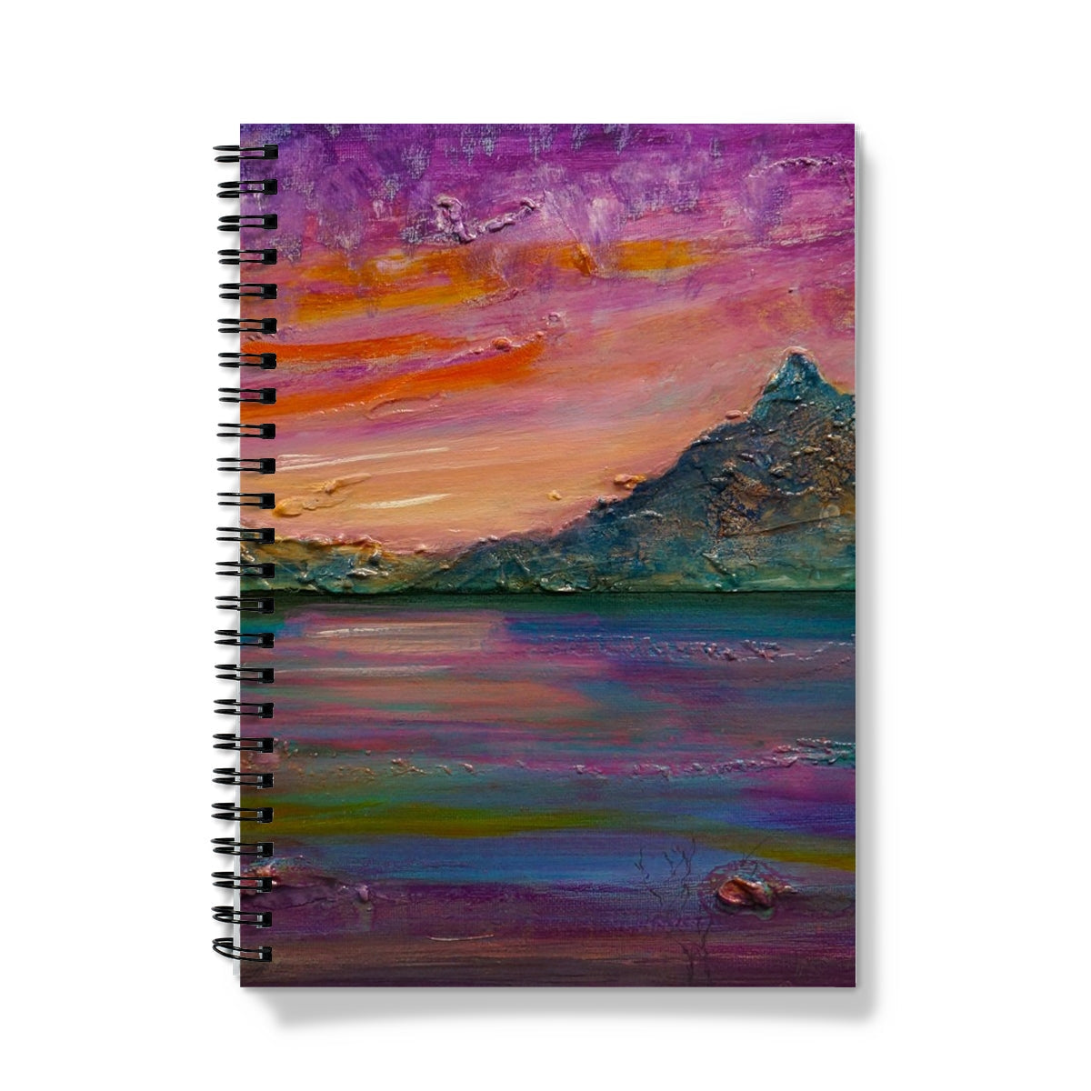 Loch Leven Sunset spiral notebook with vibrant purple orange blue landscape cover