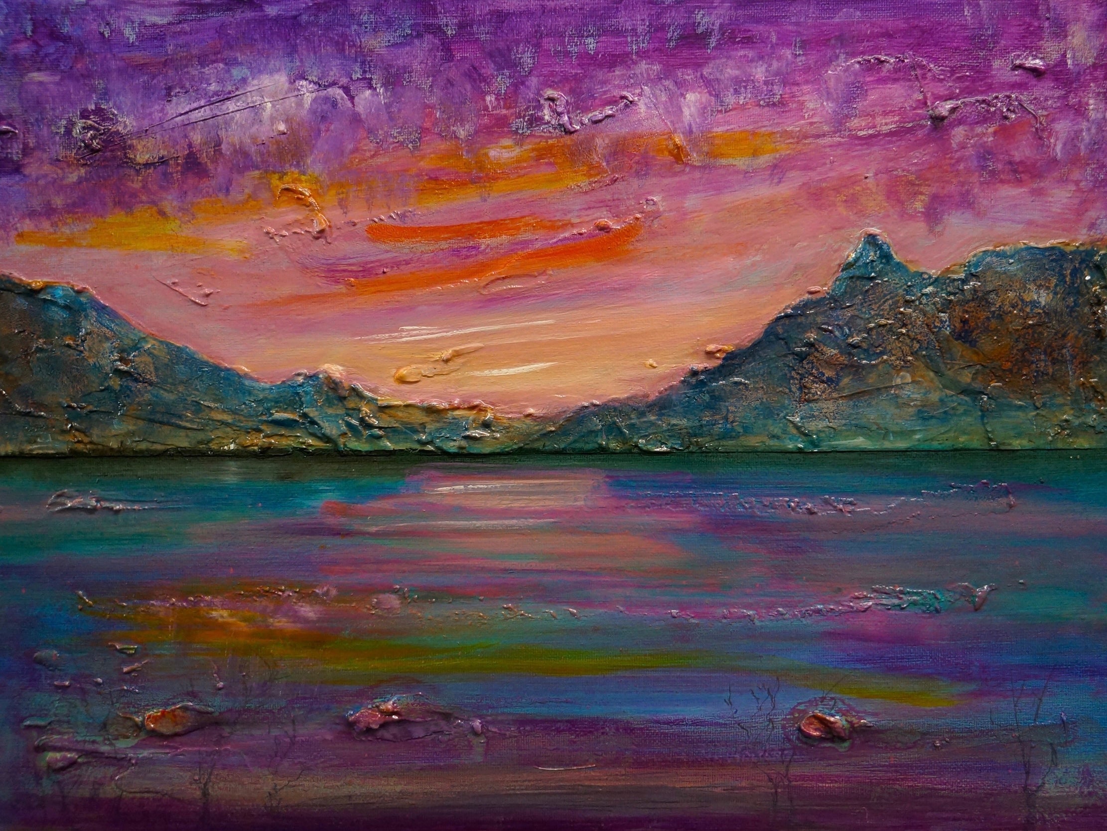 Textured oil painting of a vibrant sunset over Loch Leven with mountains in the background