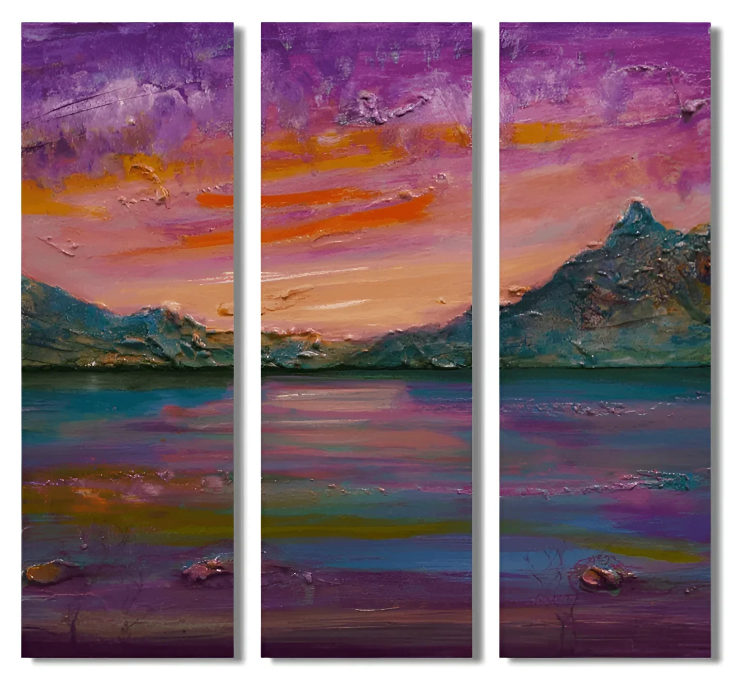 Three-panel oil painting of Loch Leven sunset landscape wall art from Scotland