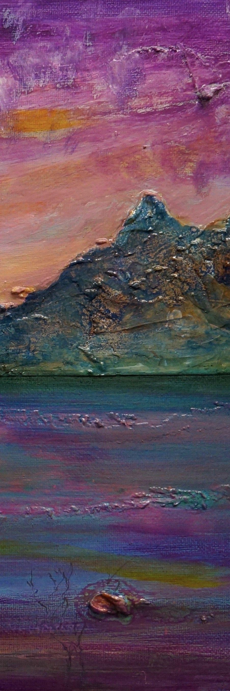Textured painting of a mountainous landscape at sunset.
