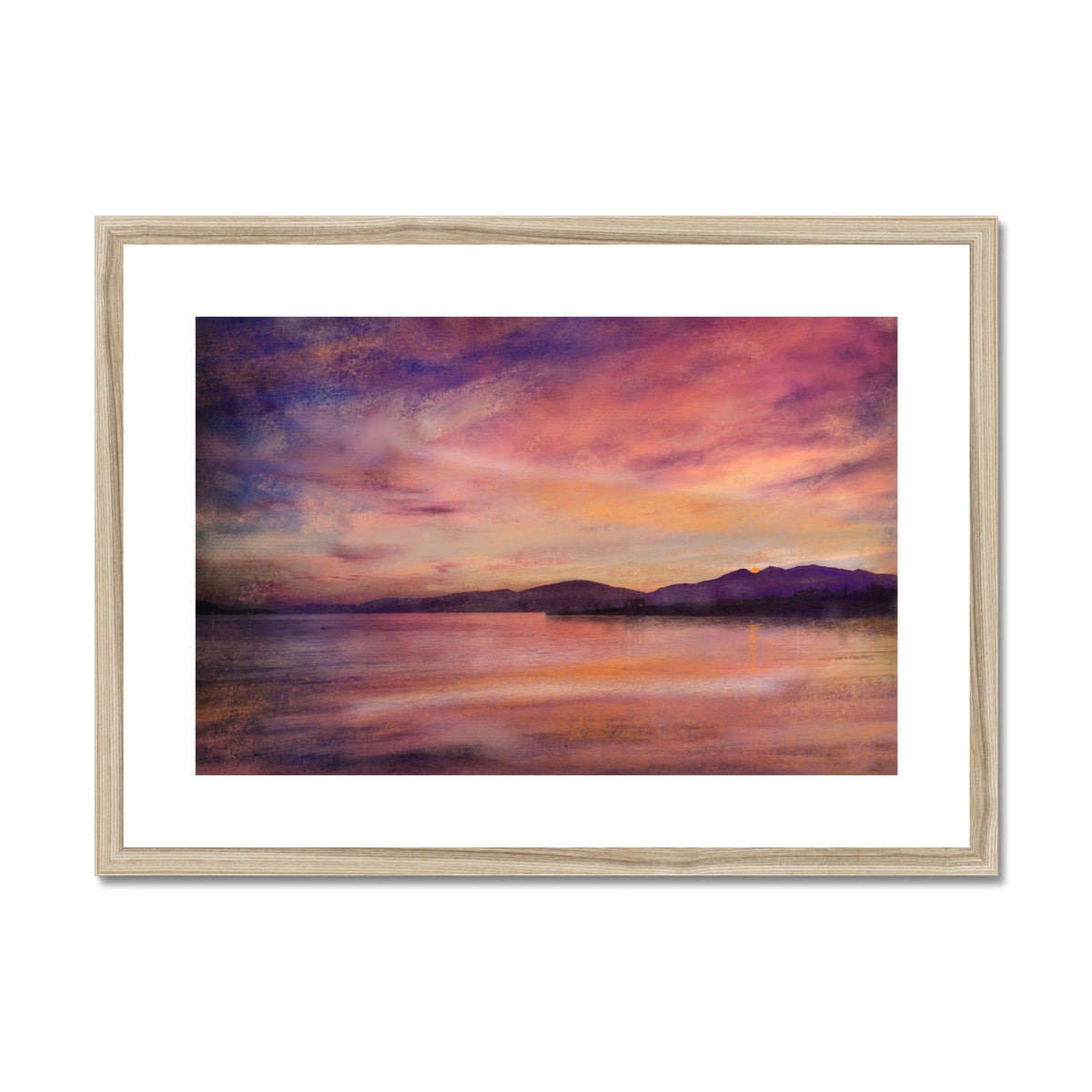 Loch Linnhe Dusk framed watercolor print of sunset over calm waters