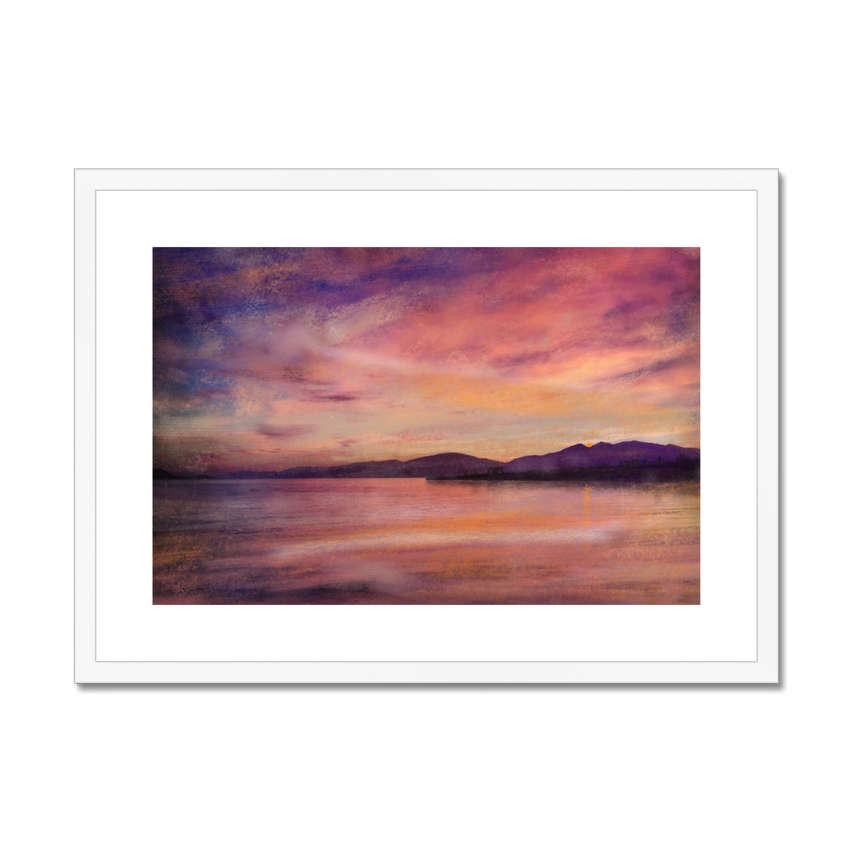 Framed Loch Linnhe Dusk watercolor print of serene sunset over calm waters