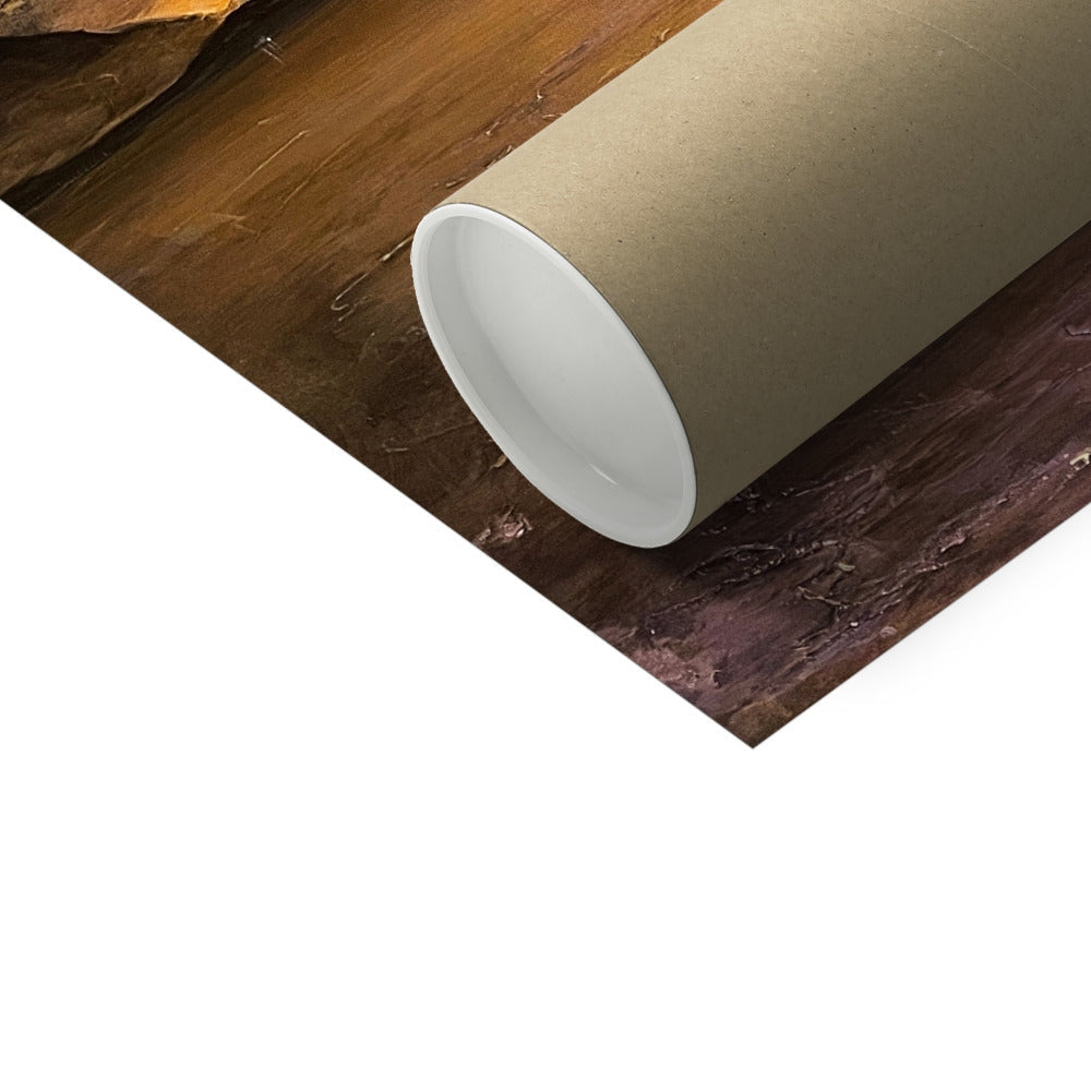 Beige cylindrical ceramic vase with white interior, Loch Linnhe Sunset print