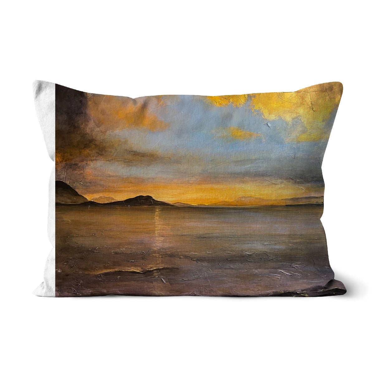 Yellow and gray abstract Loch Linnhe Sunset Cushion with mountain landscape