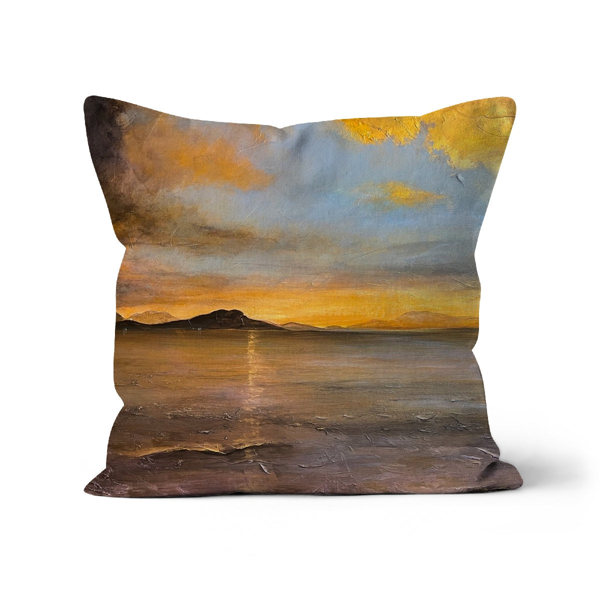 Loch Linnhe Sunset Cushion: 18x18 inch canvas pillow with orange-yellow sunset landscape