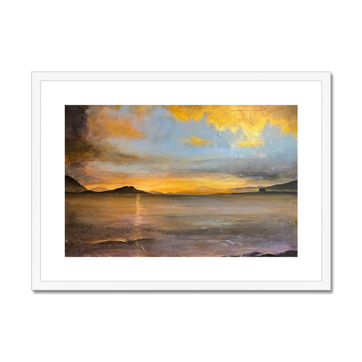 Loch Linnhe Sunset gold and orange landscape painting in white frame