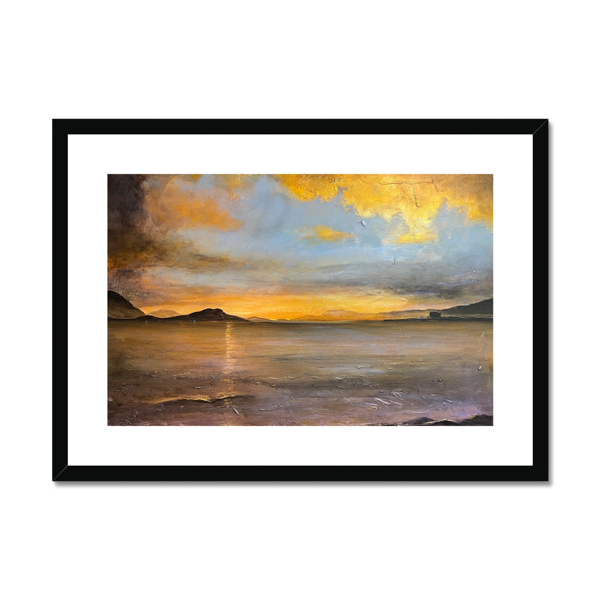 Loch Linnhe Sunset black framed canvas print with golden orange hues